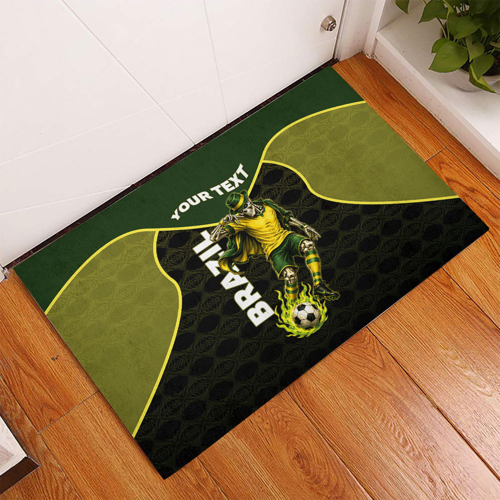 Personalized Brazil Football Rubber Doormat Gothic Skull Skeleton Mascot Flaming Soccer Ball