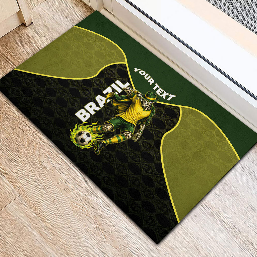 Personalized Brazil Football Rubber Doormat Gothic Skull Skeleton Mascot Flaming Soccer Ball