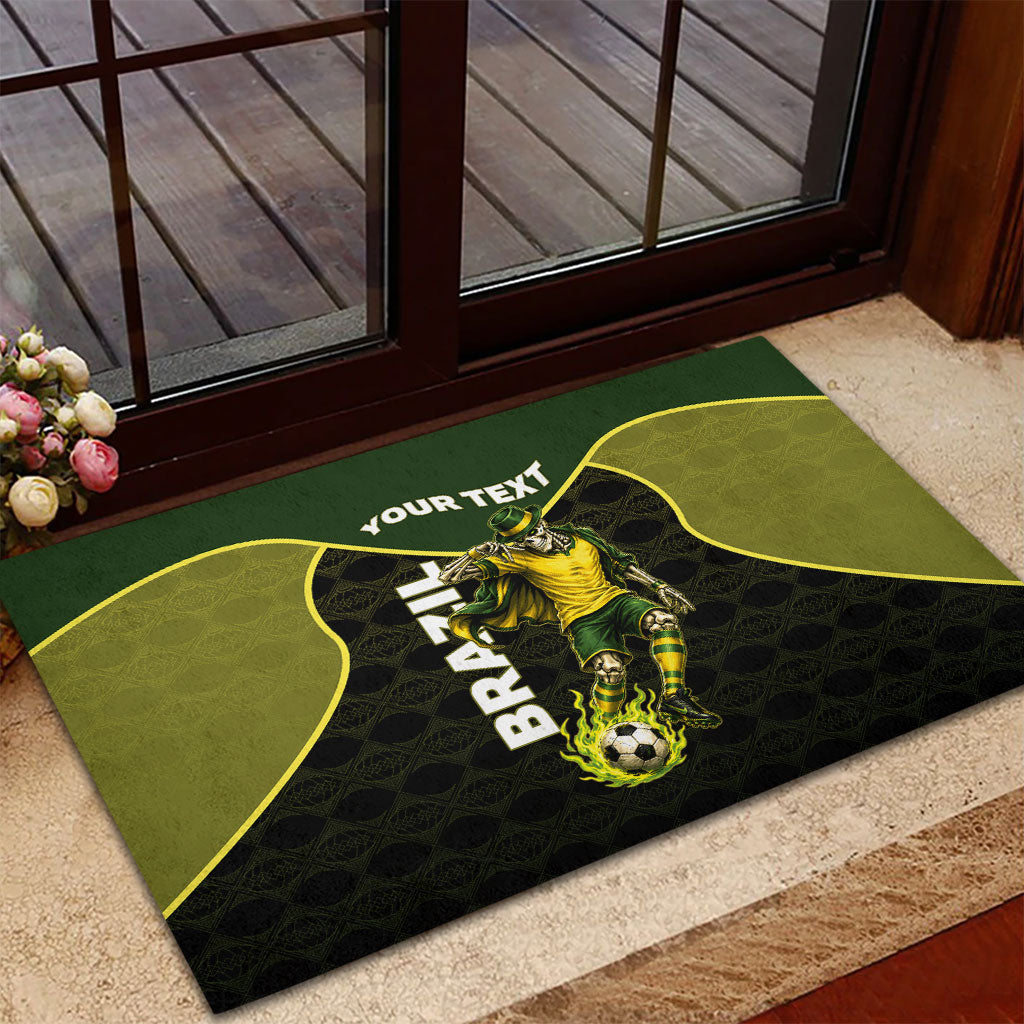 Personalized Brazil Football Rubber Doormat Gothic Skull Skeleton Mascot Flaming Soccer Ball