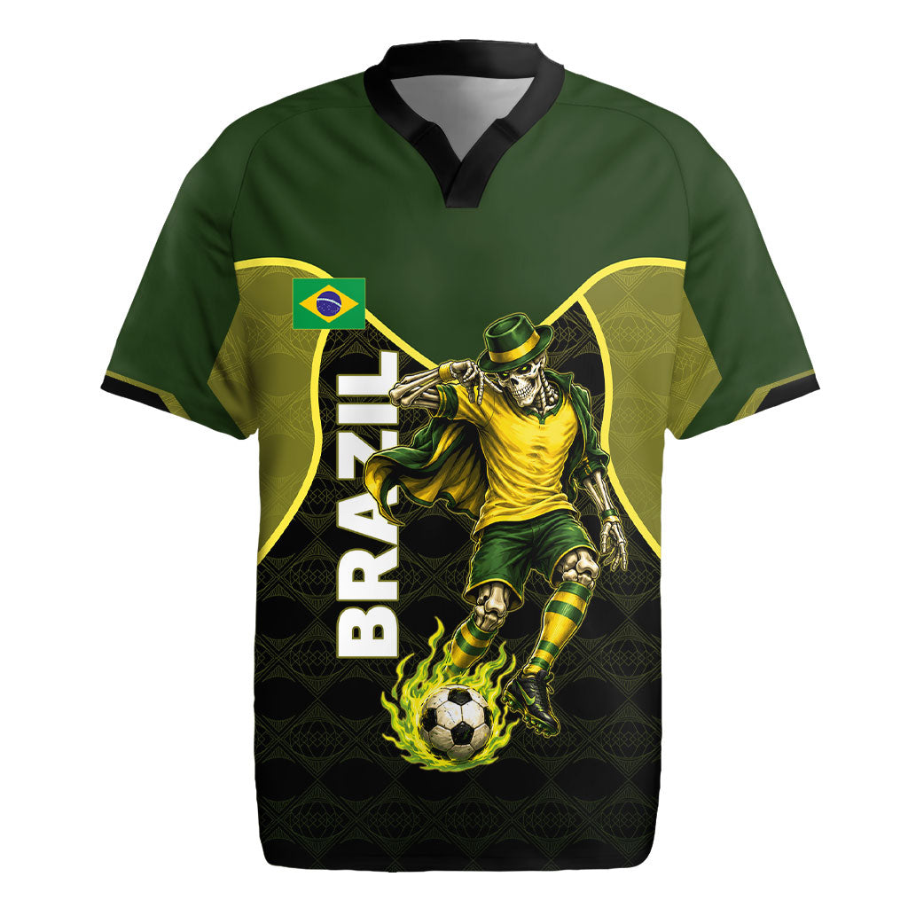 Personalized Brazil Football Rugby Jersey Gothic Skull Skeleton Mascot Flaming Soccer Ball