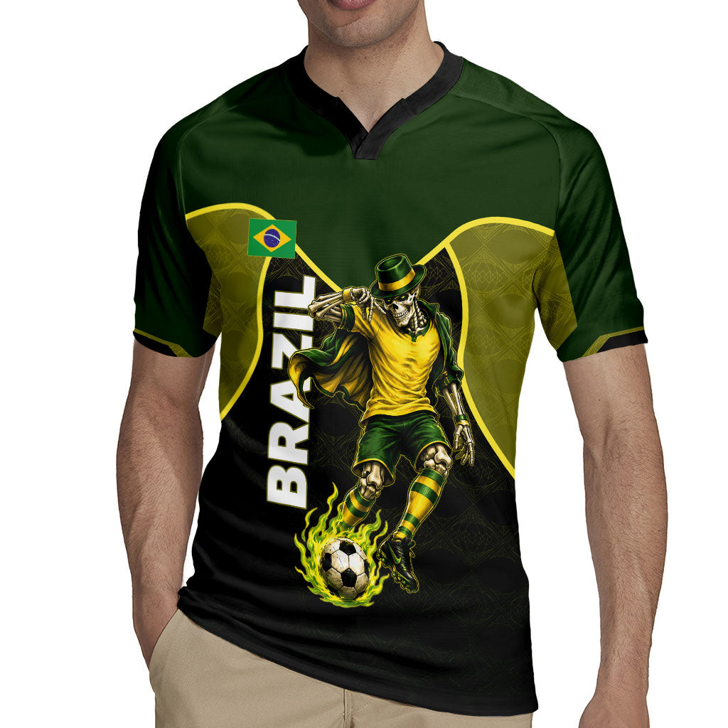 Personalized Brazil Football Rugby Jersey Gothic Skull Skeleton Mascot Flaming Soccer Ball