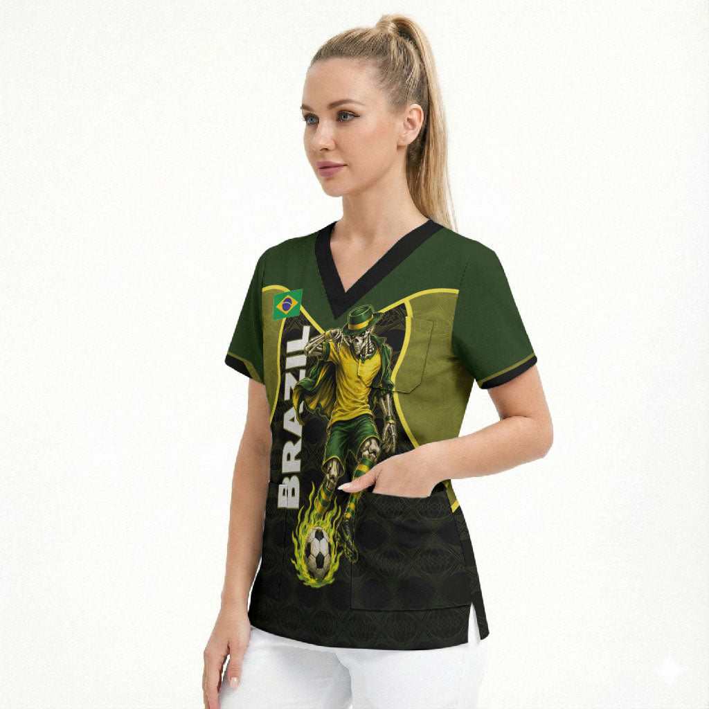 Personalized Brazil Football Scrub Top Gothic Skull Skeleton Mascot Flaming Soccer Ball