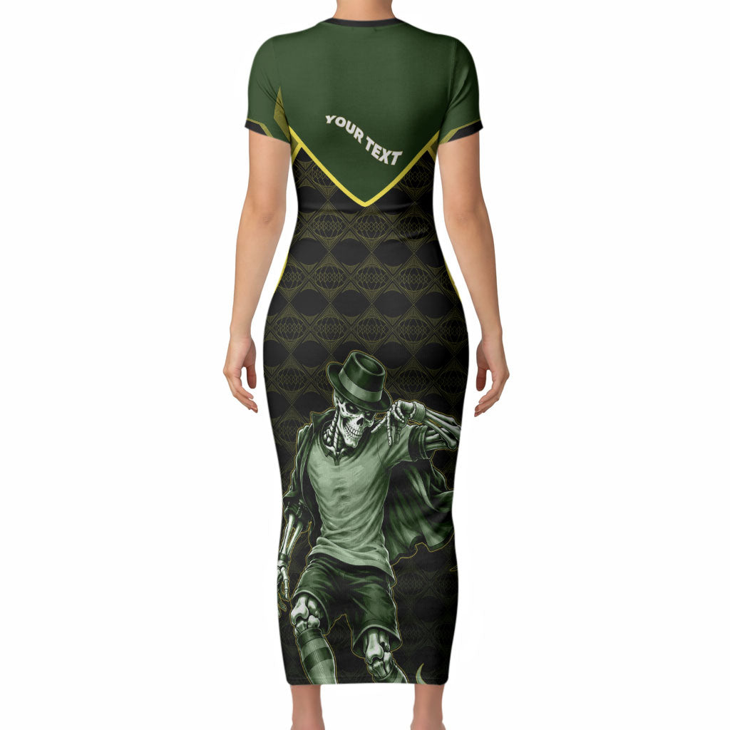 Personalized Brazil Football Short Sleeve Bodycon Dress Gothic Skull Skeleton Mascot Flaming Soccer Ball