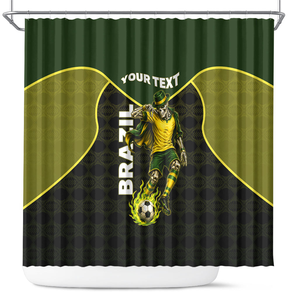 Personalized Brazil Football Shower Curtain Gothic Skull Skeleton Mascot Flaming Soccer Ball