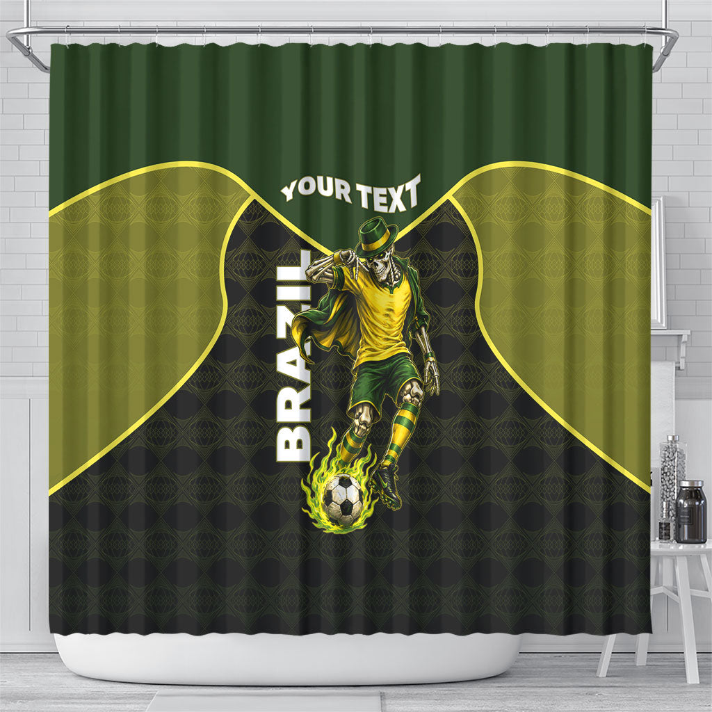 Personalized Brazil Football Shower Curtain Gothic Skull Skeleton Mascot Flaming Soccer Ball