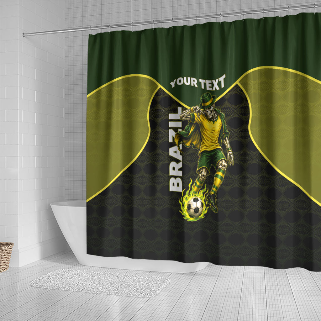 Personalized Brazil Football Shower Curtain Gothic Skull Skeleton Mascot Flaming Soccer Ball