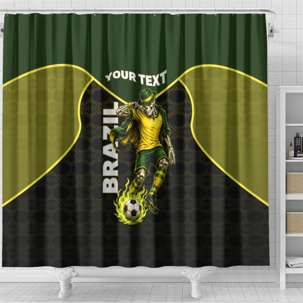 Personalized Brazil Football Shower Curtain Gothic Skull Skeleton Mascot Flaming Soccer Ball