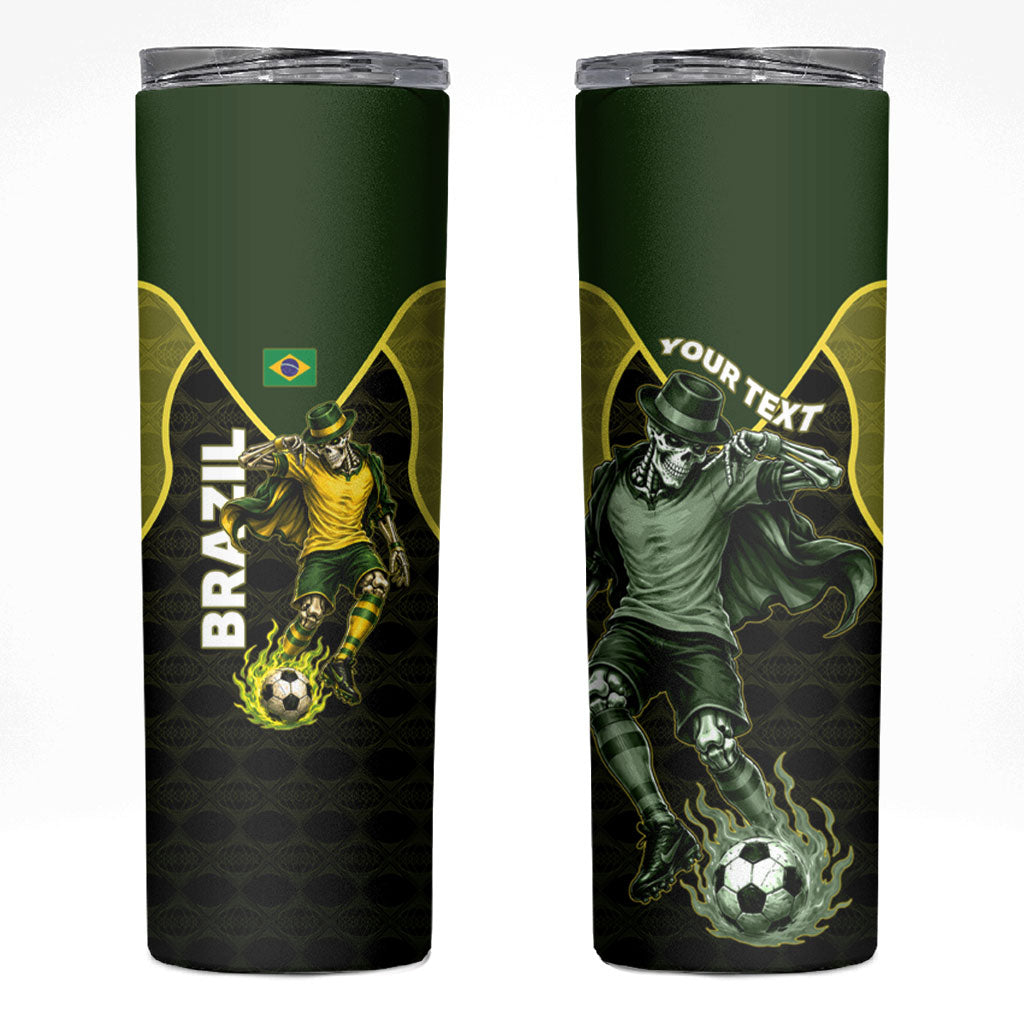 Personalized Brazil Football Skinny Tumbler Gothic Skull Skeleton Mascot Flaming Soccer Ball