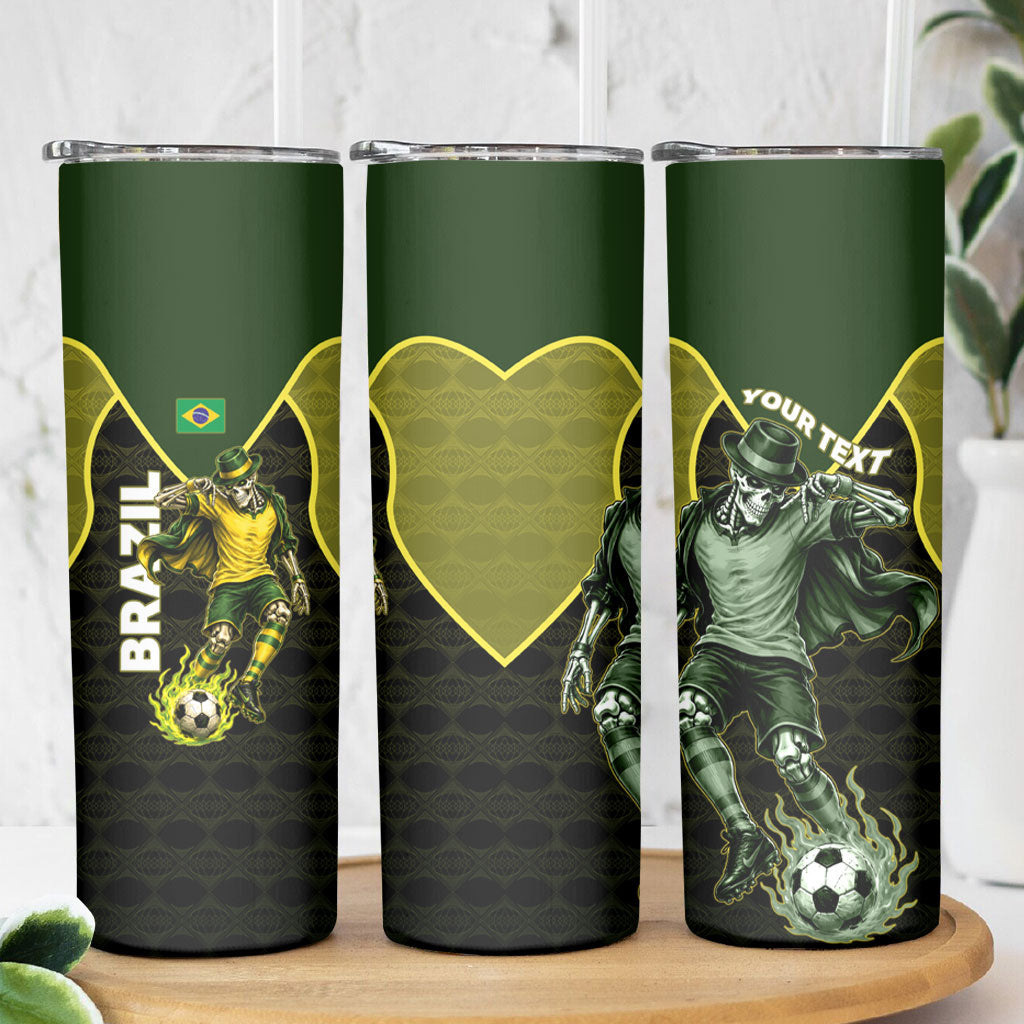 Personalized Brazil Football Skinny Tumbler Gothic Skull Skeleton Mascot Flaming Soccer Ball