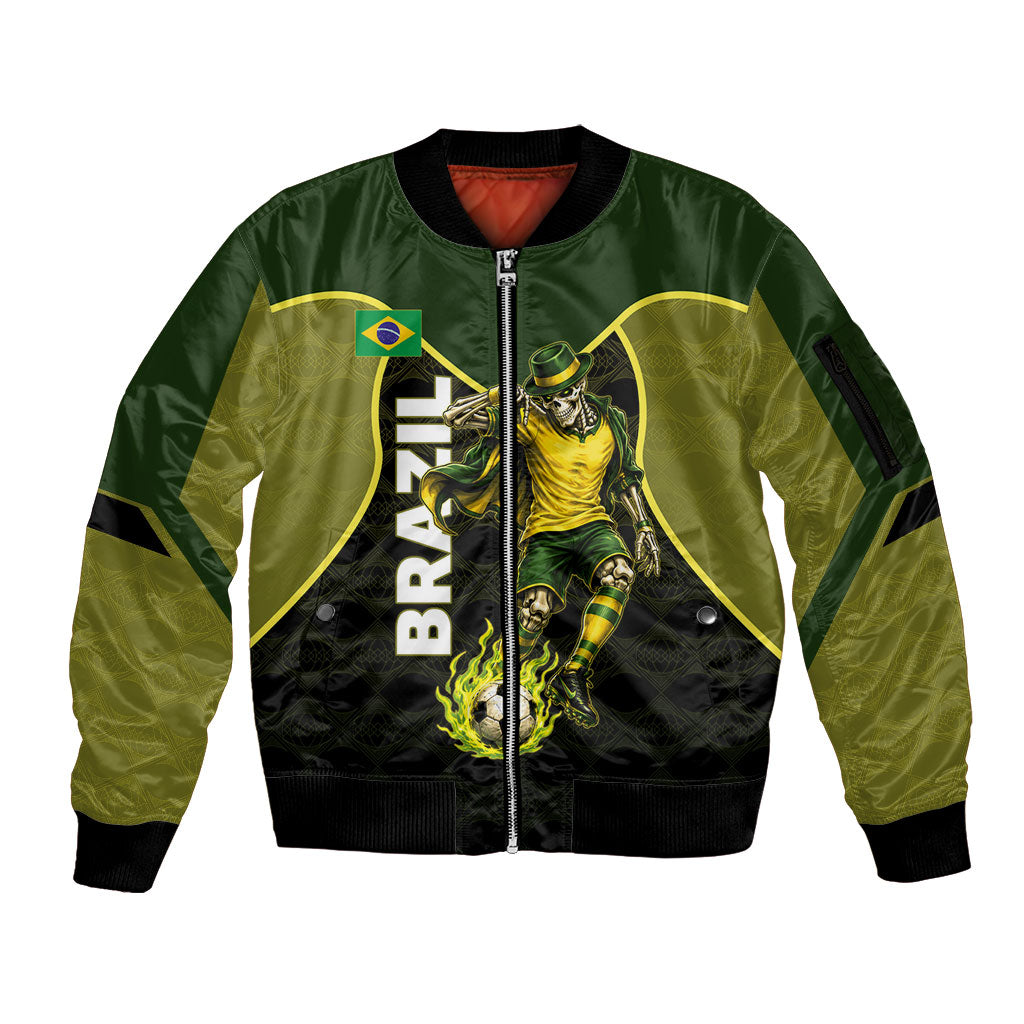 Personalized Brazil Football Sleeve Zip Bomber Jacket Gothic Skull Skeleton Mascot Flaming Soccer Ball