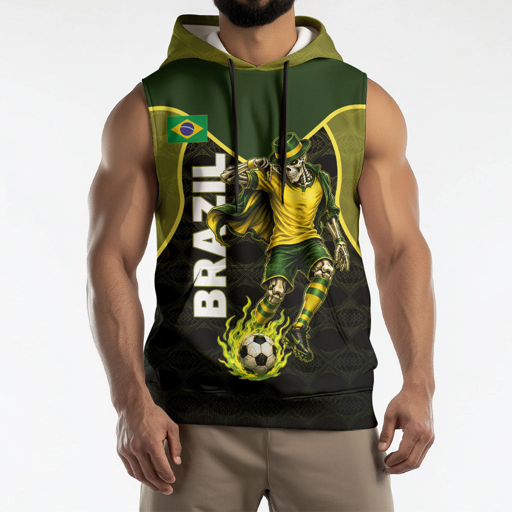 Personalized Brazil Football Sleeveless Hoodie Gothic Skull Skeleton Mascot Flaming Soccer Ball