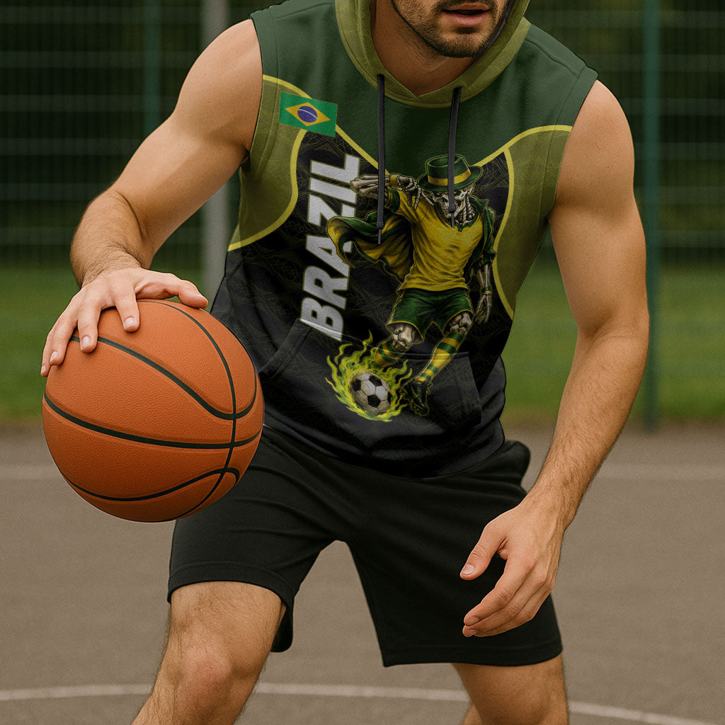 Personalized Brazil Football Sleeveless Hoodie Gothic Skull Skeleton Mascot Flaming Soccer Ball