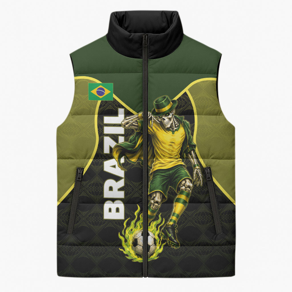 Personalized Brazil Football Sleeveless Puffer Jacket Gothic Skull Skeleton Mascot Flaming Soccer Ball