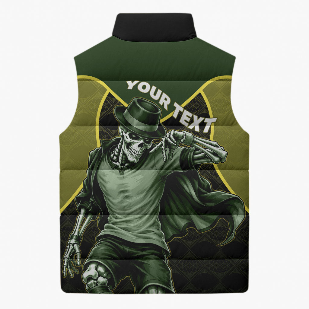 Personalized Brazil Football Sleeveless Puffer Jacket Gothic Skull Skeleton Mascot Flaming Soccer Ball