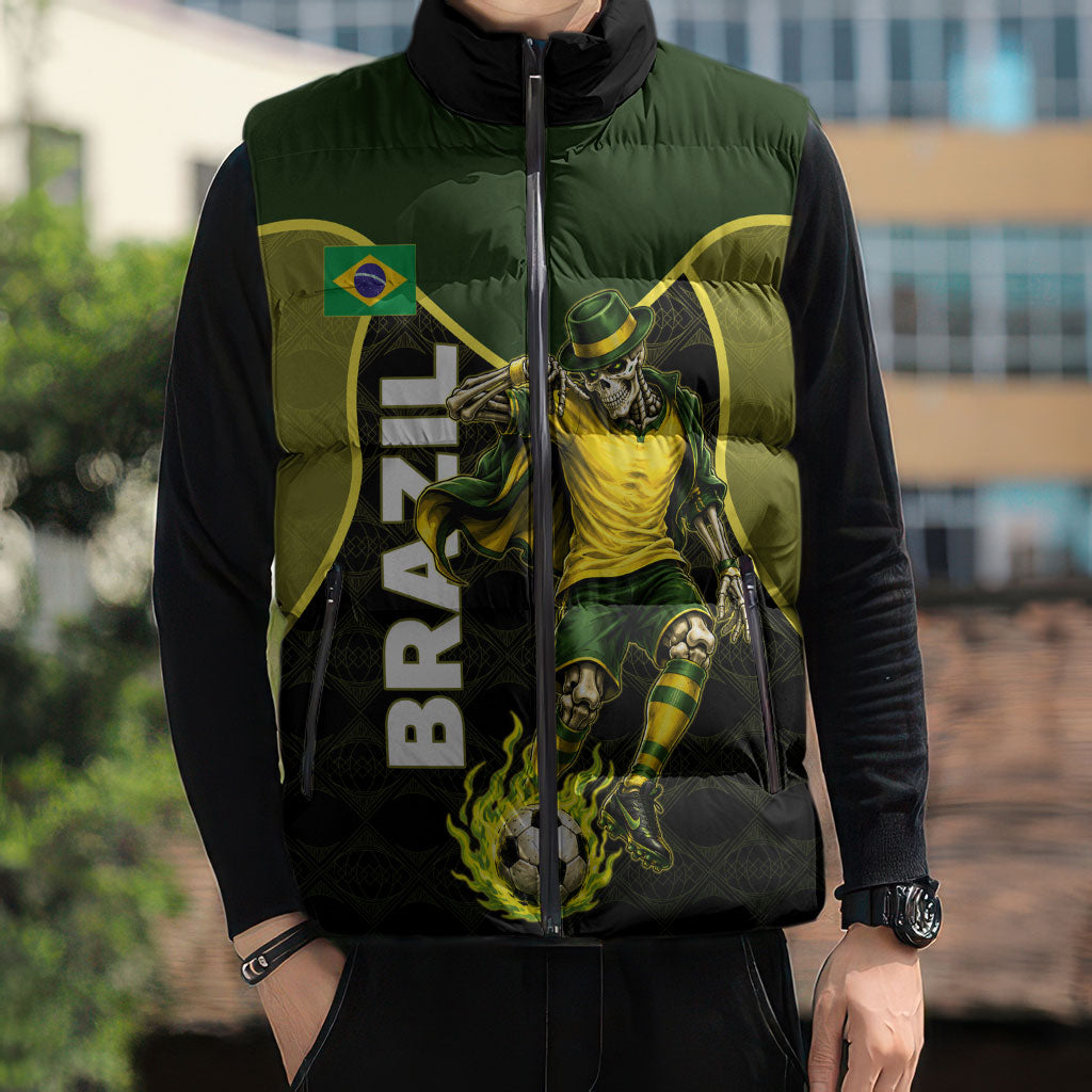 Personalized Brazil Football Sleeveless Puffer Jacket Gothic Skull Skeleton Mascot Flaming Soccer Ball