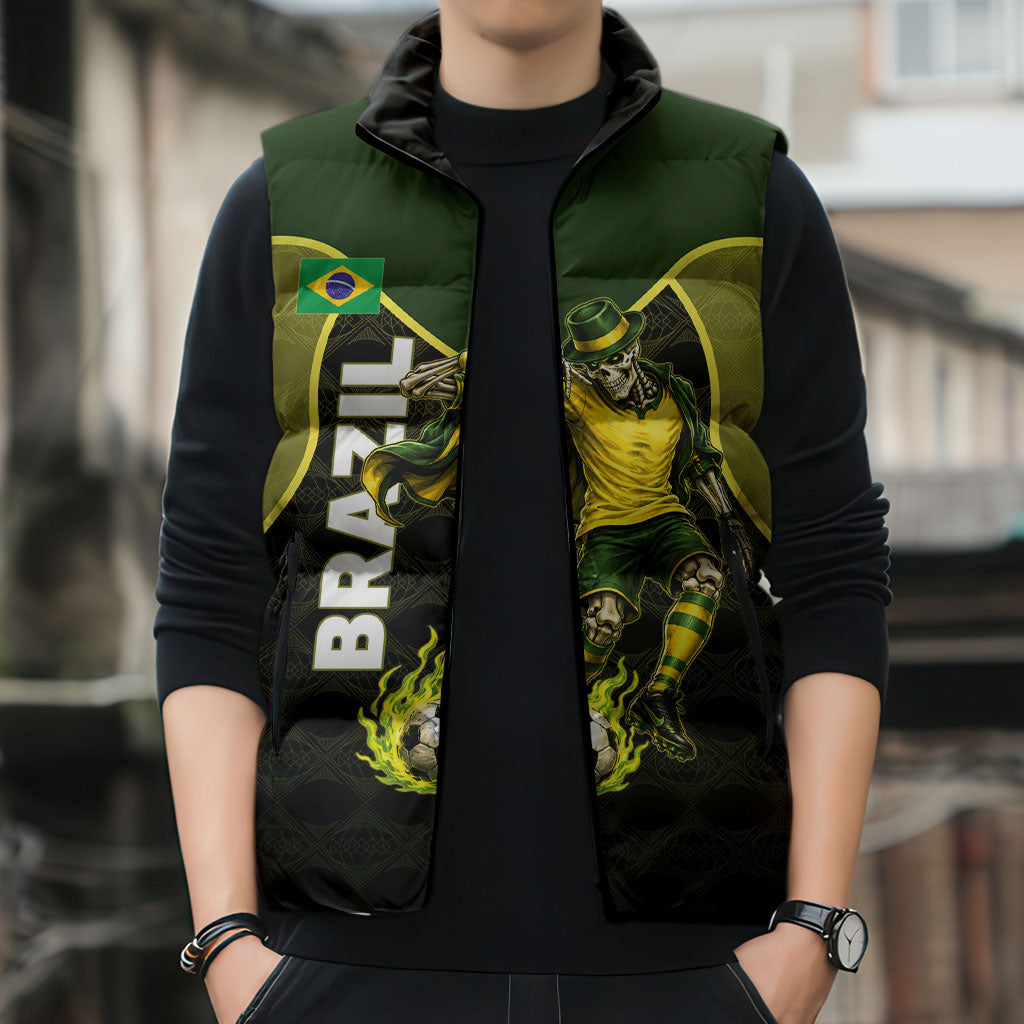 Personalized Brazil Football Sleeveless Puffer Jacket Gothic Skull Skeleton Mascot Flaming Soccer Ball