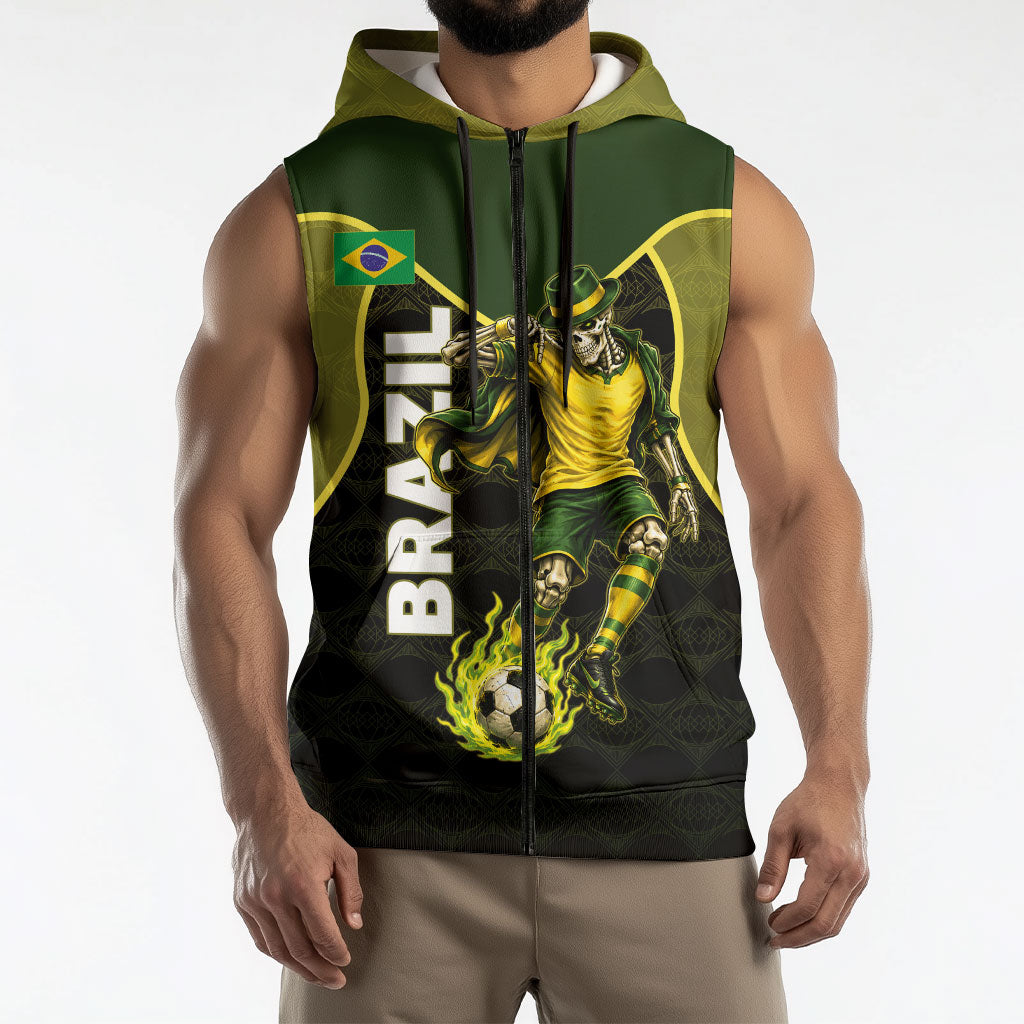 Personalized Brazil Football Sleeveless Zip Hoodie Gothic Skull Skeleton Mascot Flaming Soccer Ball