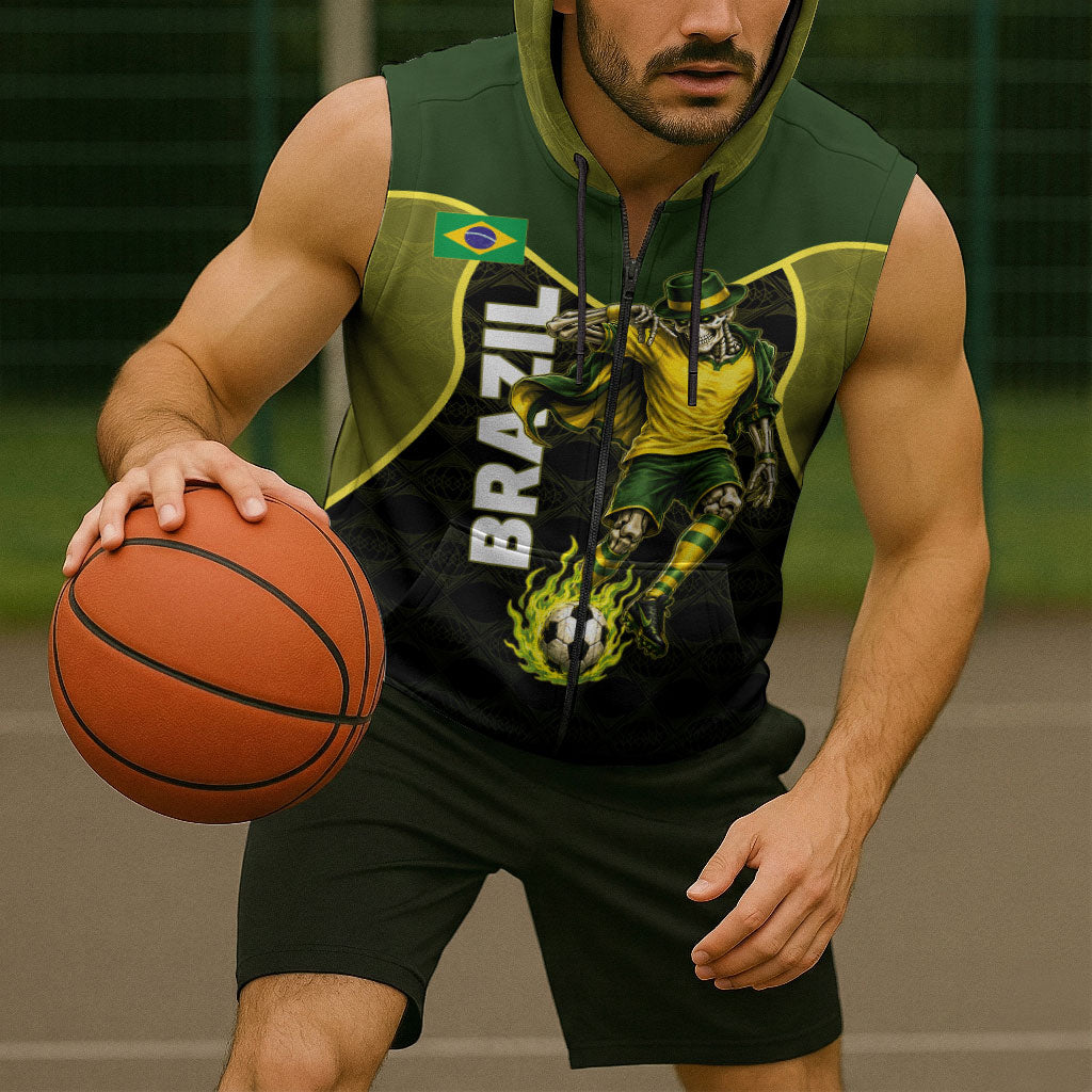 Personalized Brazil Football Sleeveless Zip Hoodie Gothic Skull Skeleton Mascot Flaming Soccer Ball