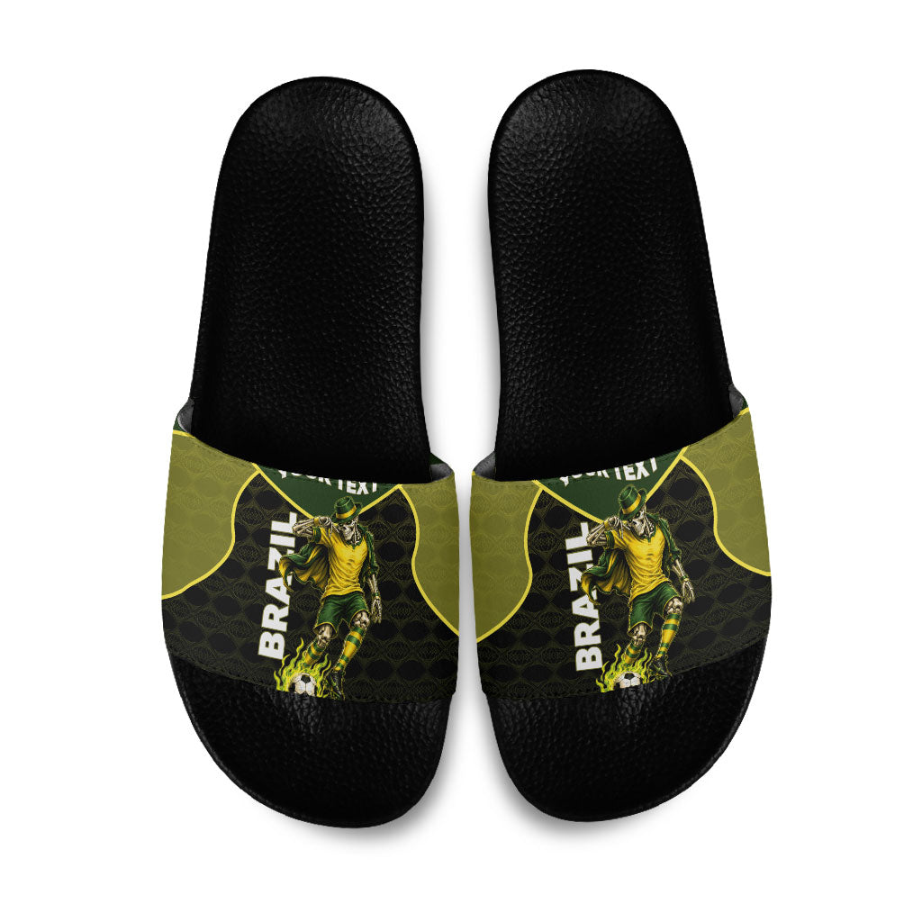 Personalized Brazil Football Slide Sandals Gothic Skull Skeleton Mascot Flaming Soccer Ball