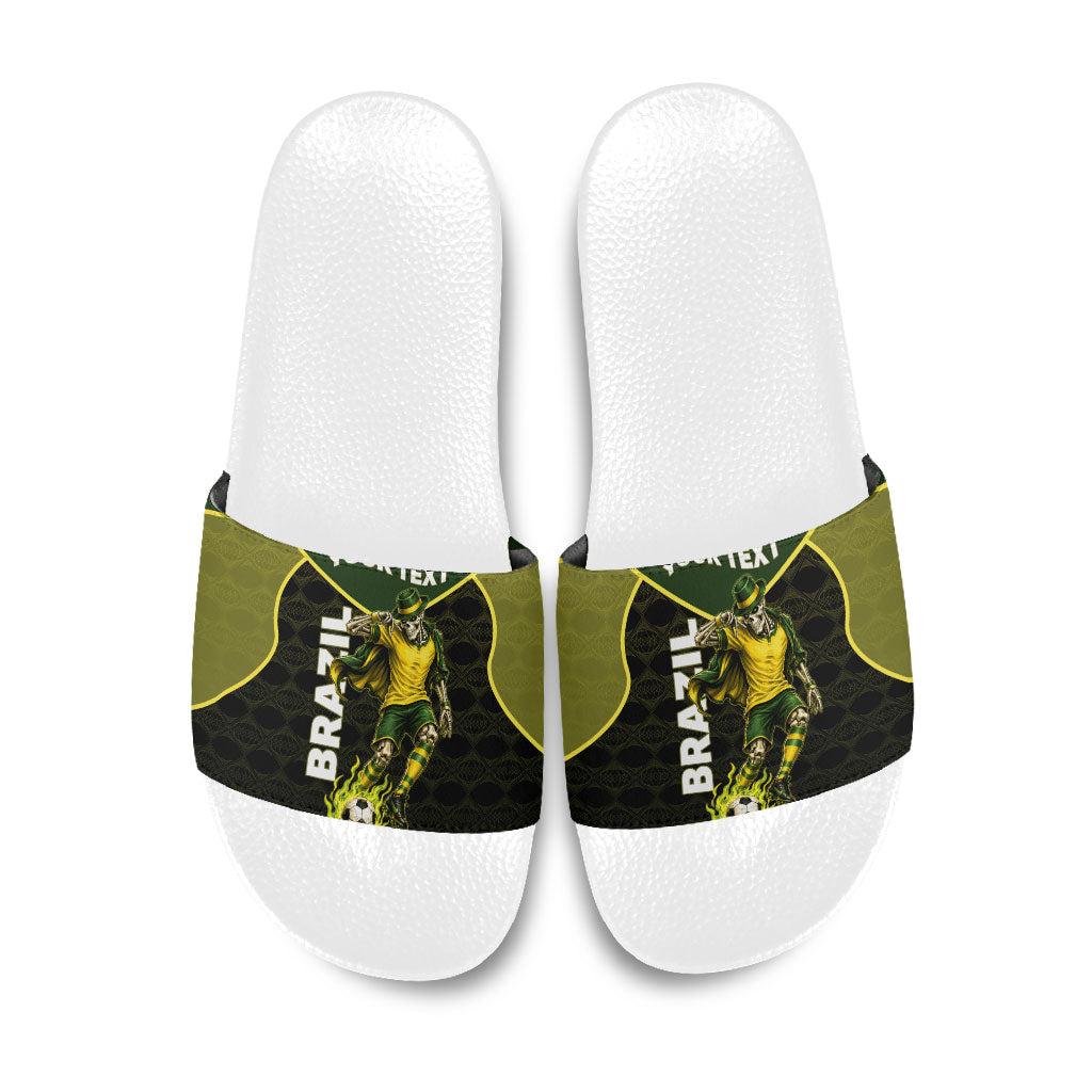 Personalized Brazil Football Slide Sandals Gothic Skull Skeleton Mascot Flaming Soccer Ball