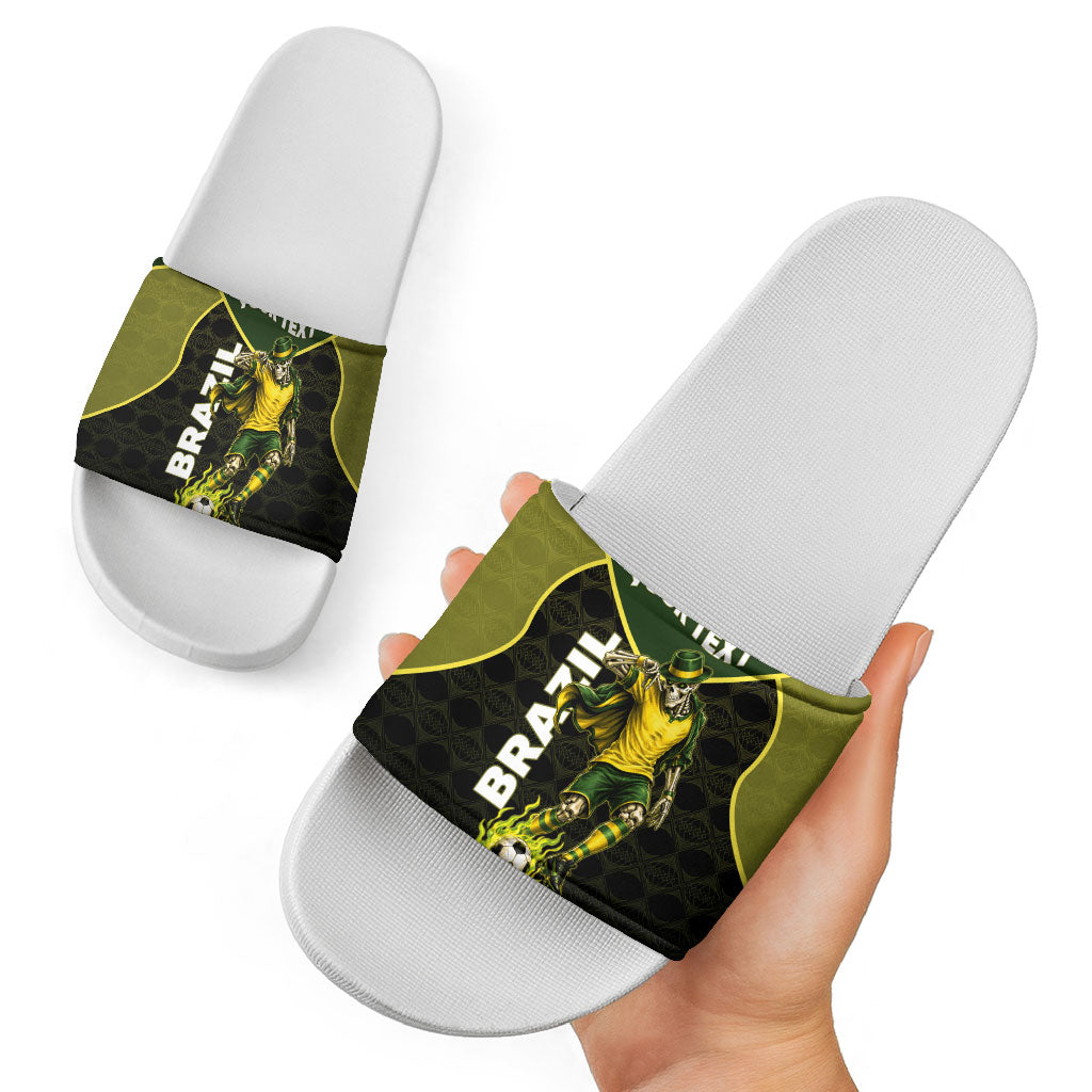 Personalized Brazil Football Slide Sandals Gothic Skull Skeleton Mascot Flaming Soccer Ball
