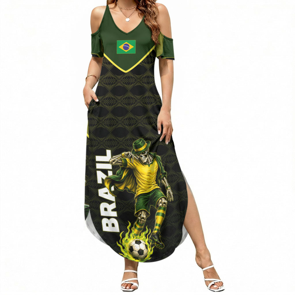 Personalized Brazil Football Summer Maxi Dress Gothic Skull Skeleton Mascot Flaming Soccer Ball