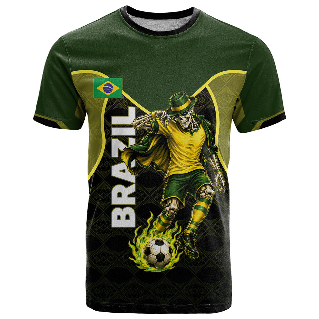 Personalized Brazil Football T Shirt Gothic Skull Skeleton Mascot Flaming Soccer Ball