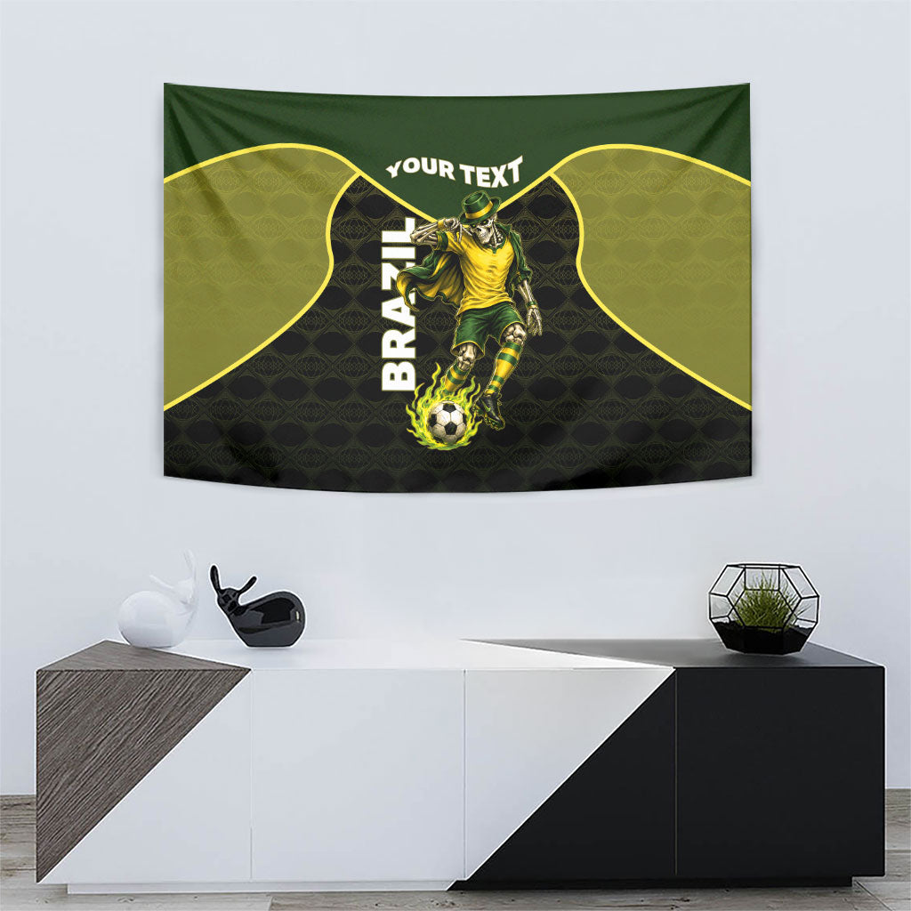 Personalized Brazil Football Tapestry Gothic Skull Skeleton Mascot Flaming Soccer Ball