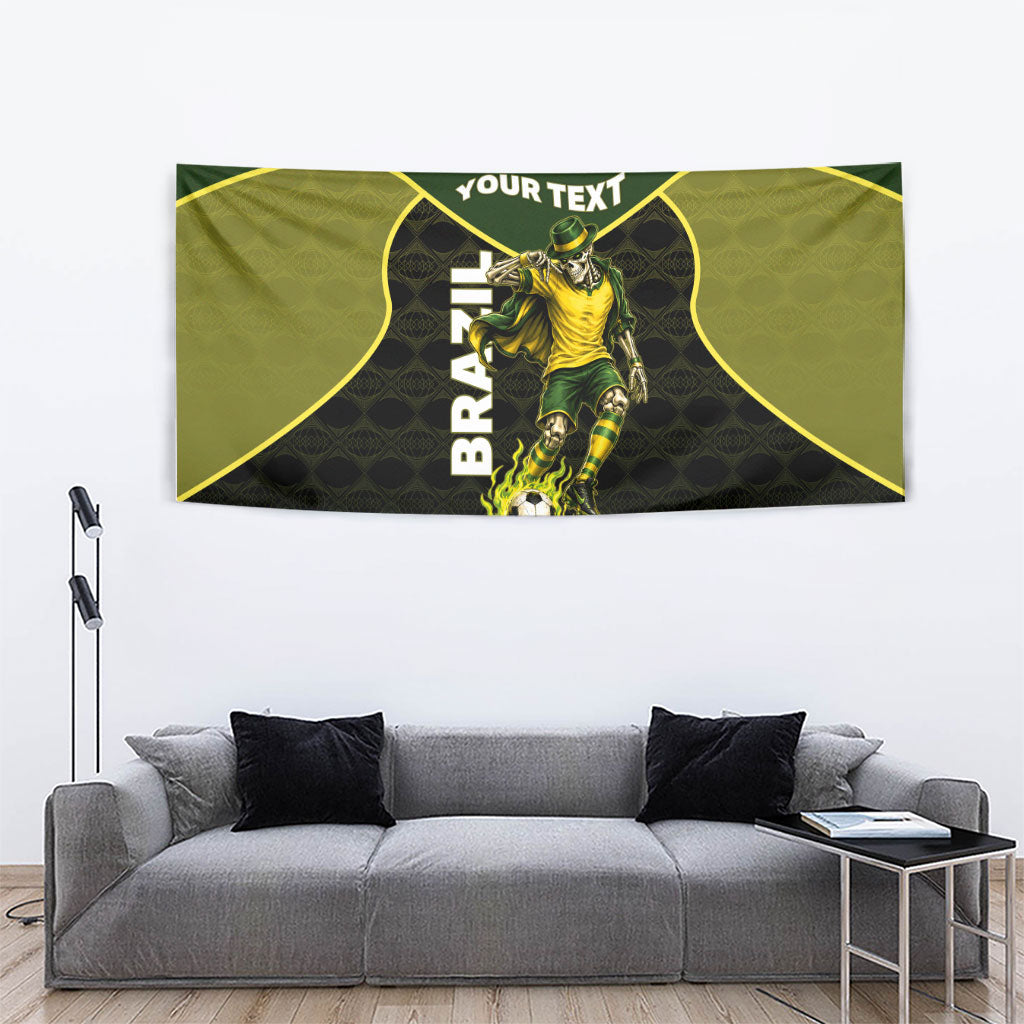 Personalized Brazil Football Tapestry Gothic Skull Skeleton Mascot Flaming Soccer Ball