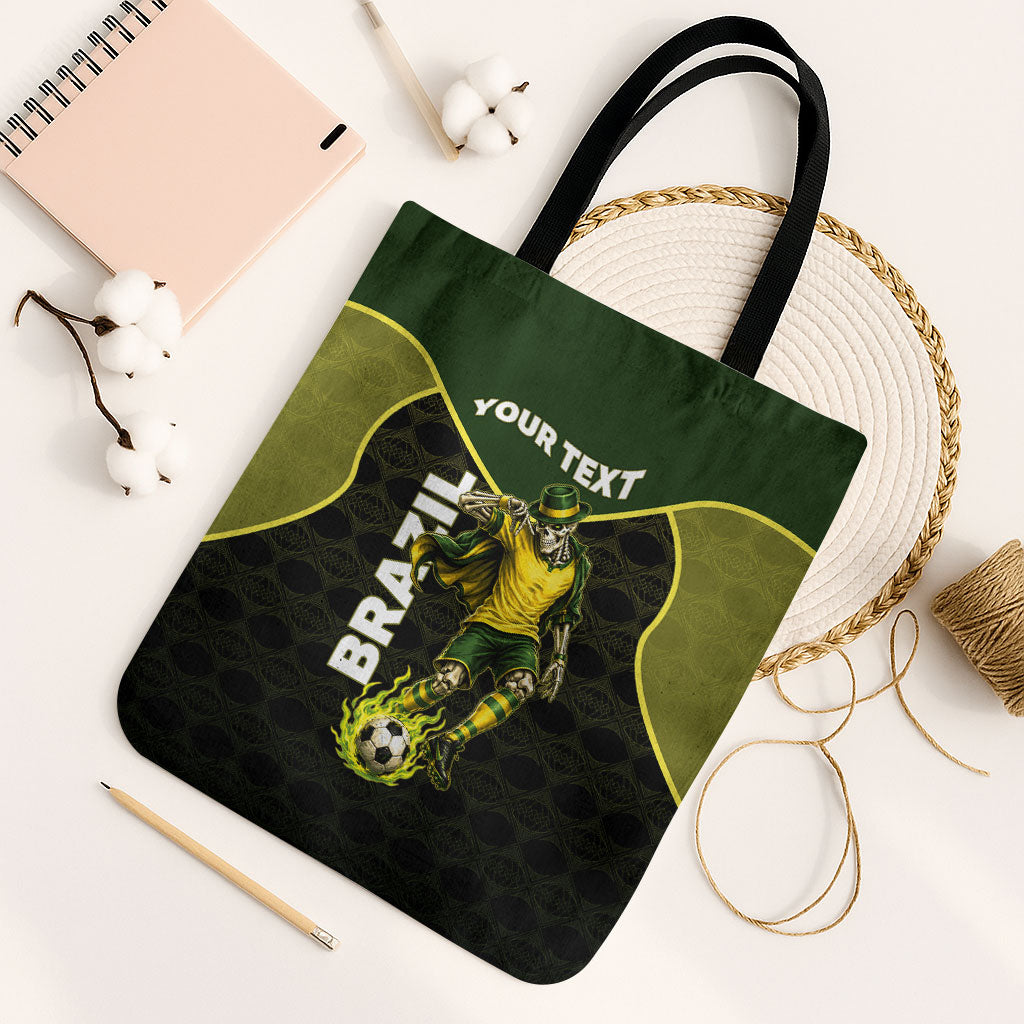 Personalized Brazil Football Tote Bag Gothic Skull Skeleton Mascot Flaming Soccer Ball