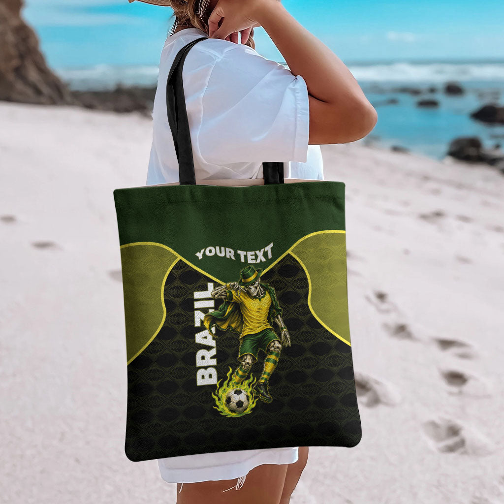 Personalized Brazil Football Tote Bag Gothic Skull Skeleton Mascot Flaming Soccer Ball