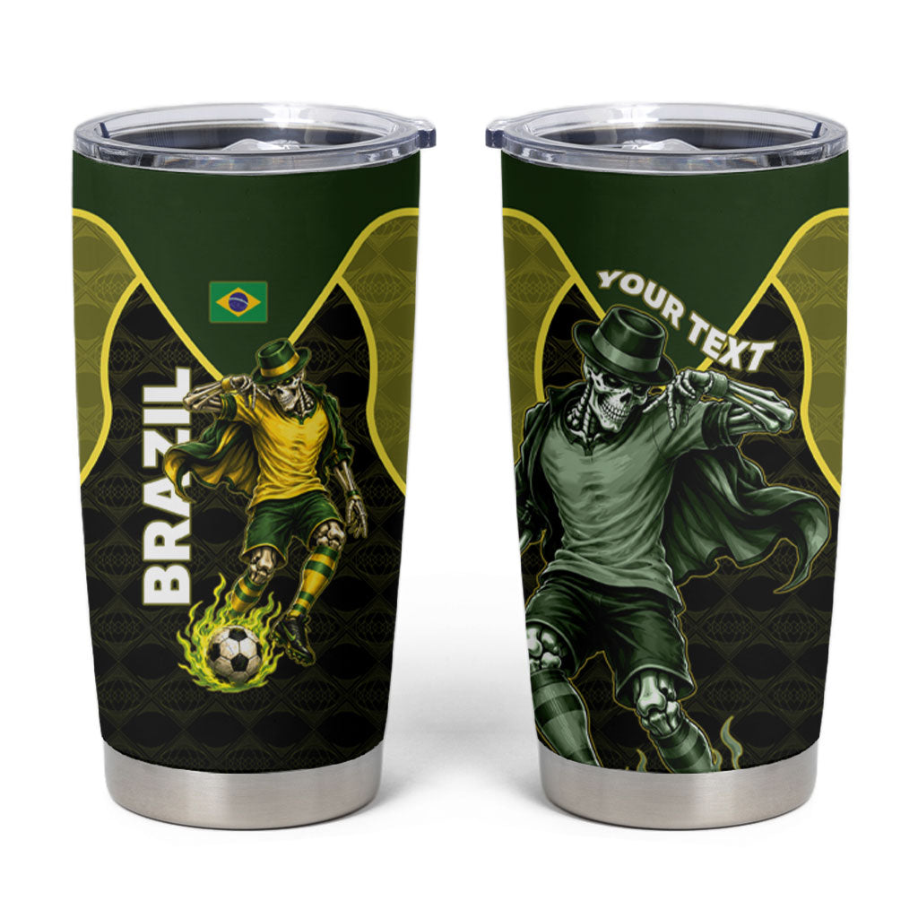 Personalized Brazil Football Tumbler Cup Gothic Skull Skeleton Mascot Flaming Soccer Ball