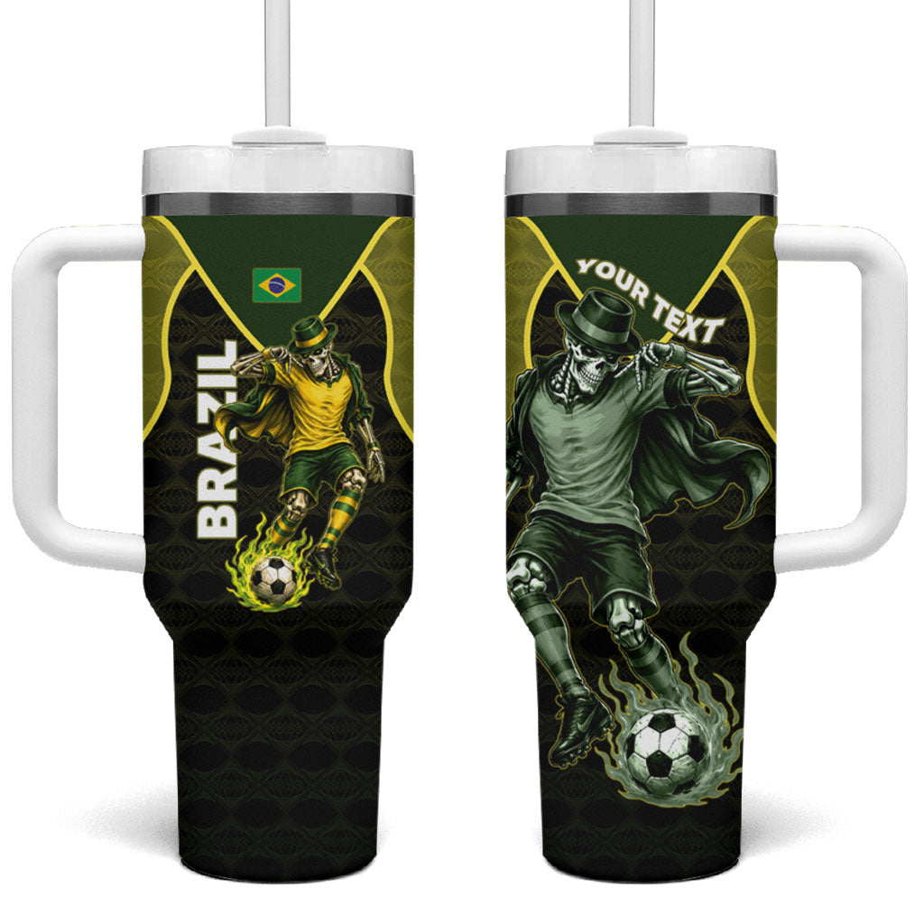 Personalized Brazil Football Tumbler With Handle Gothic Skull Skeleton Mascot Flaming Soccer Ball