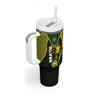 Personalized Brazil Football Tumbler With Handle Gothic Skull Skeleton Mascot Flaming Soccer Ball