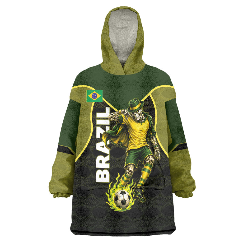 Personalized Brazil Football Wearable Blanket Hoodie Gothic Skull Skeleton Mascot Flaming Soccer Ball