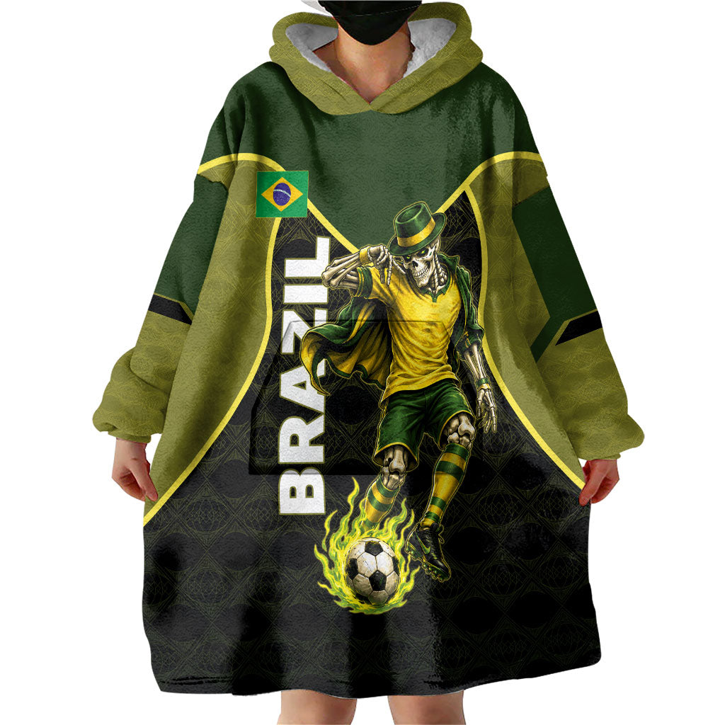 Personalized Brazil Football Wearable Blanket Hoodie Gothic Skull Skeleton Mascot Flaming Soccer Ball