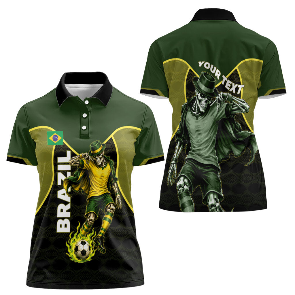 Personalized Brazil Football Women Polo Shirt Gothic Skull Skeleton Mascot Flaming Soccer Ball