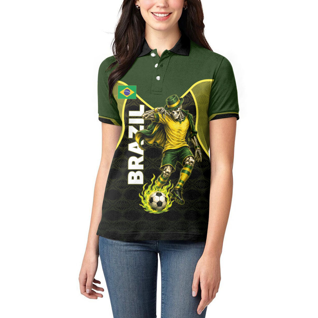 Personalized Brazil Football Women Polo Shirt Gothic Skull Skeleton Mascot Flaming Soccer Ball