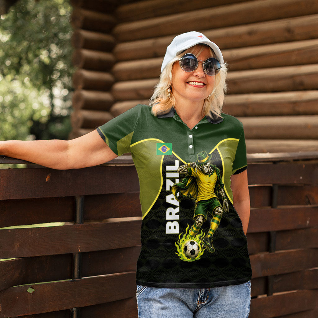 Personalized Brazil Football Women Polo Shirt Gothic Skull Skeleton Mascot Flaming Soccer Ball