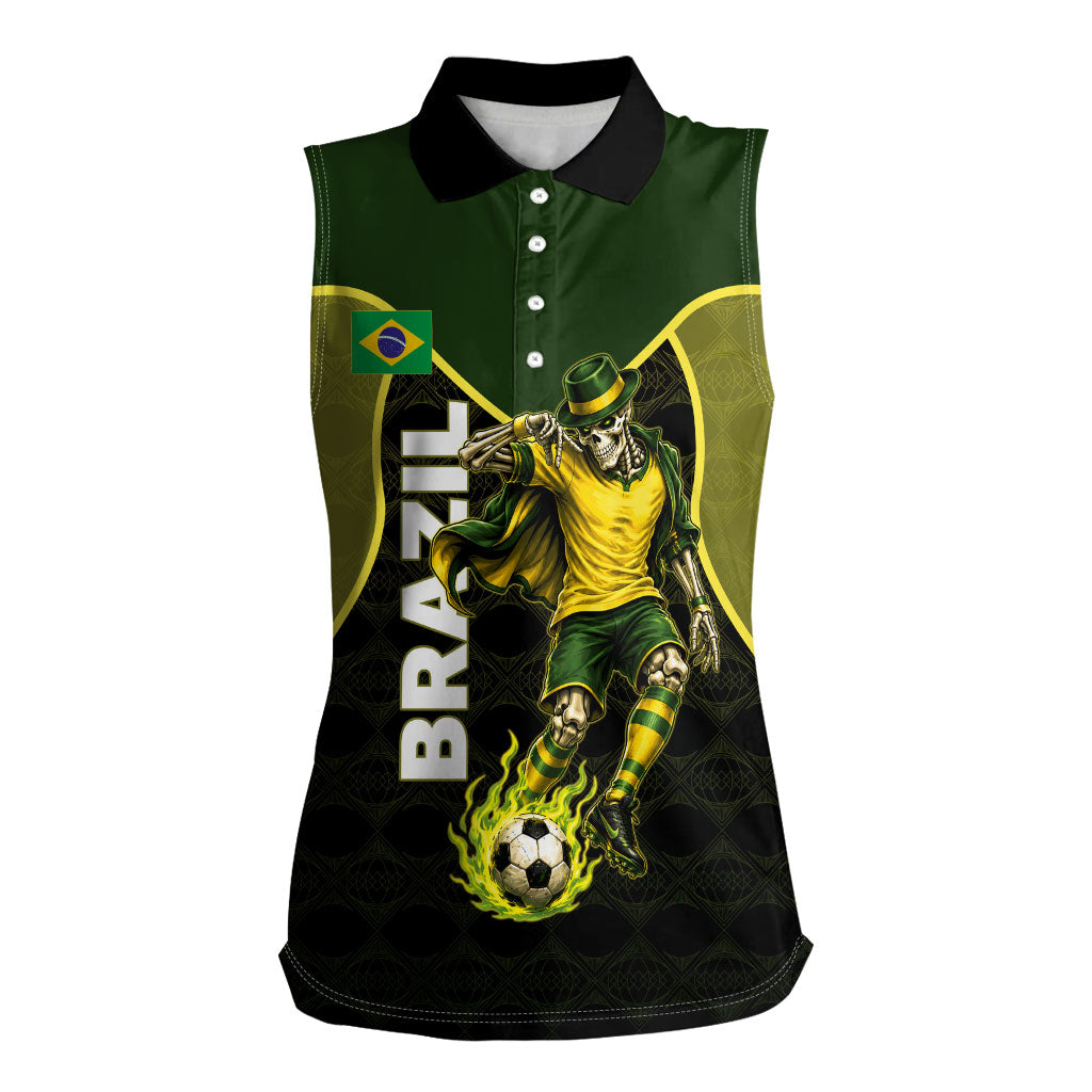 Personalized Brazil Football Women Sleeveless Polo Shirt Gothic Skull Skeleton Mascot Flaming Soccer Ball