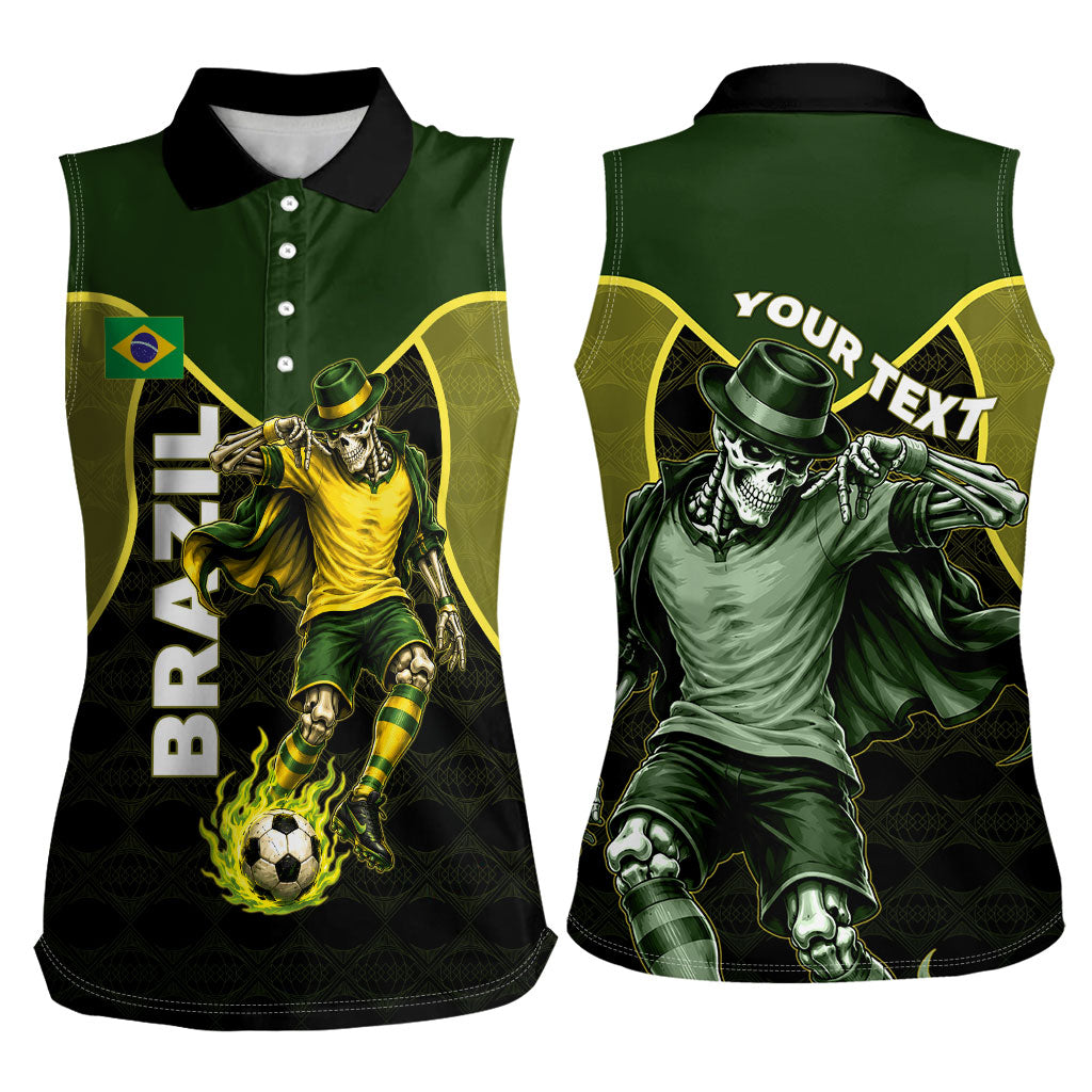 Personalized Brazil Football Women Sleeveless Polo Shirt Gothic Skull Skeleton Mascot Flaming Soccer Ball
