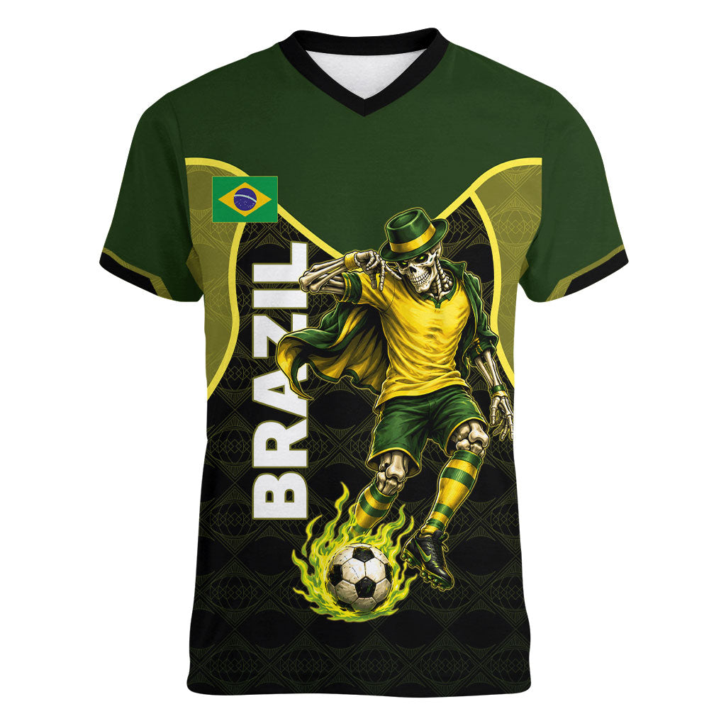 Personalized Brazil Football Women V-Neck T-Shirt Gothic Skull Skeleton Mascot Flaming Soccer Ball