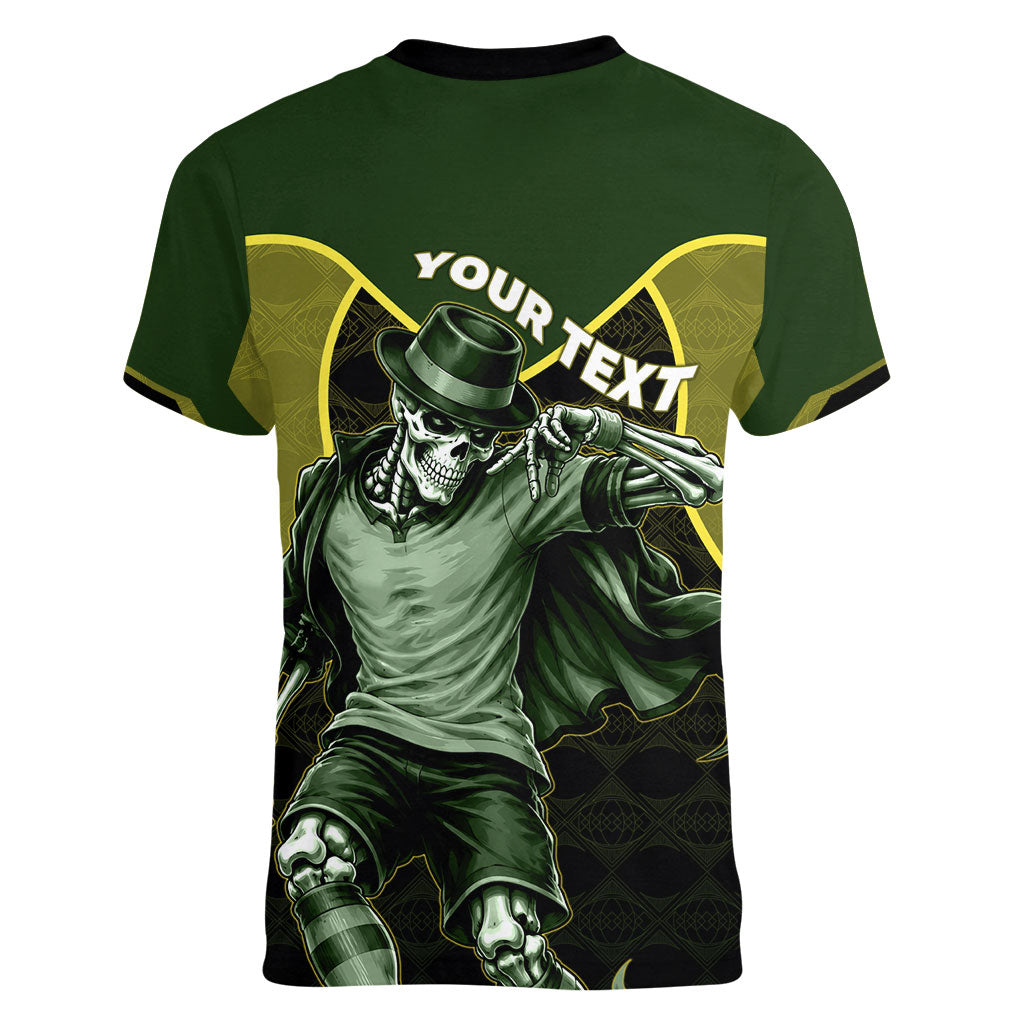 Personalized Brazil Football Women V-Neck T-Shirt Gothic Skull Skeleton Mascot Flaming Soccer Ball