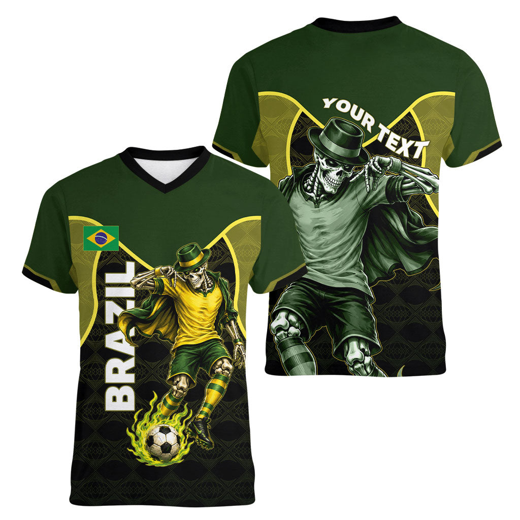 Personalized Brazil Football Women V-Neck T-Shirt Gothic Skull Skeleton Mascot Flaming Soccer Ball