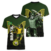 Personalized Brazil Football Women V-Neck T-Shirt Gothic Skull Skeleton Mascot Flaming Soccer Ball