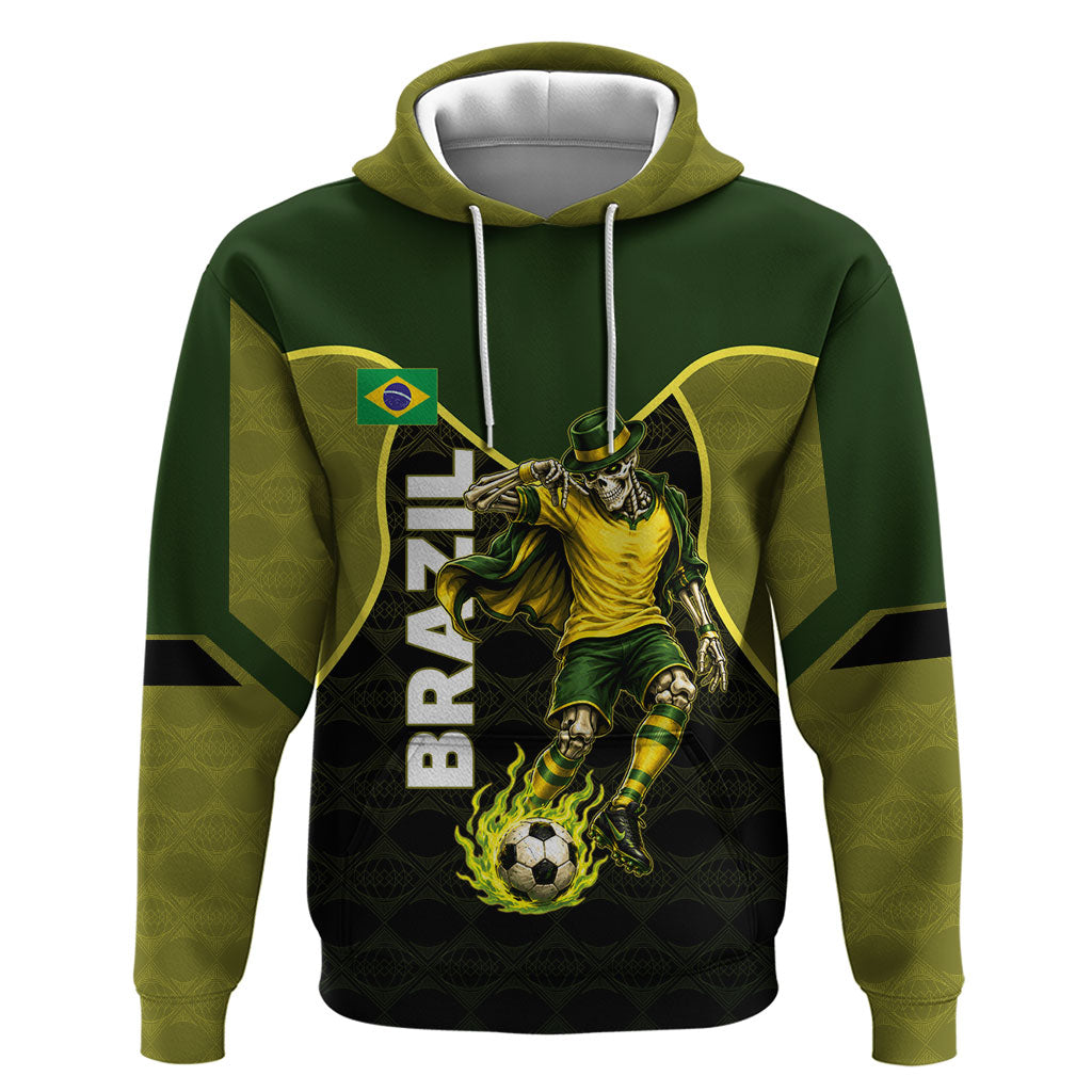 Personalized Brazil Football Zip Hoodie Gothic Skull Skeleton Mascot Flaming Soccer Ball