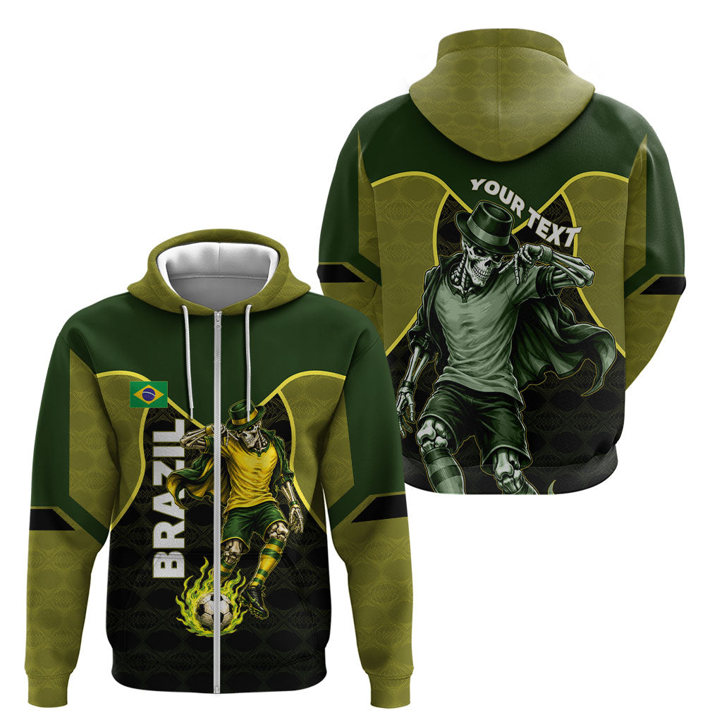 Personalized Brazil Football Zip Hoodie Gothic Skull Skeleton Mascot Flaming Soccer Ball
