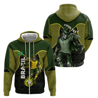 Personalized Brazil Football Zip Hoodie Gothic Skull Skeleton Mascot Flaming Soccer Ball