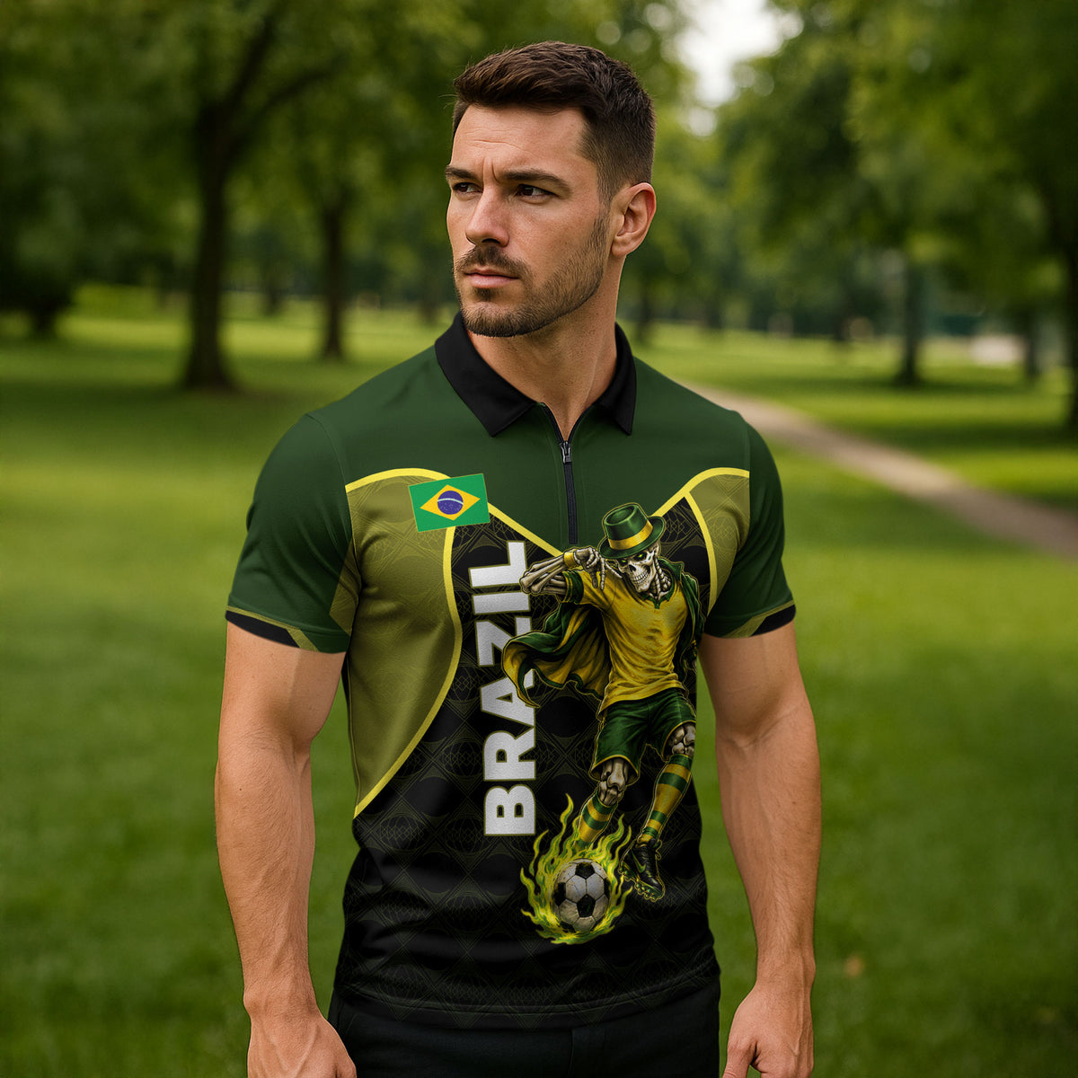 Personalized Brazil Football Zipper Polo Shirt Gothic Skull Skeleton Mascot Flaming Soccer Ball