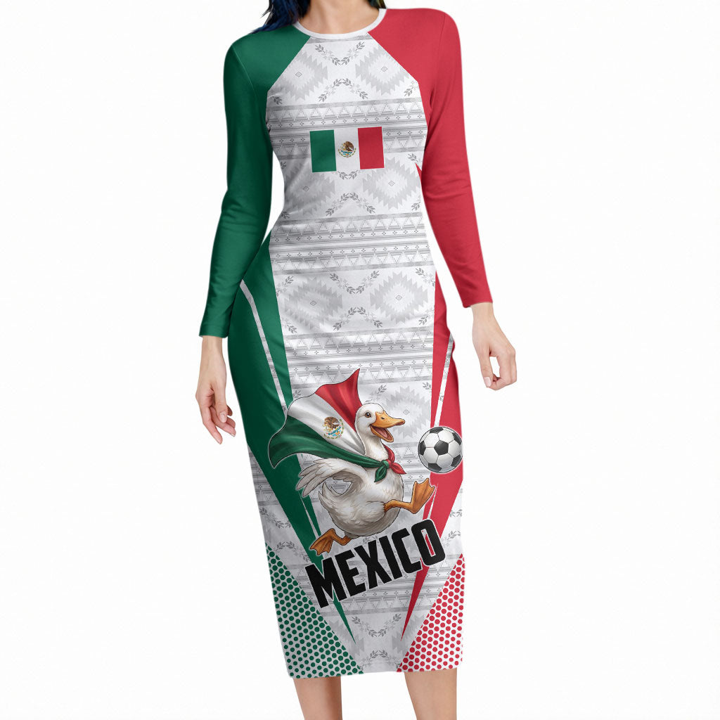Personalized Mexico Soccer Duck Long Sleeve Bodycon Dress Mexican Flag Cape Soccer Ball
